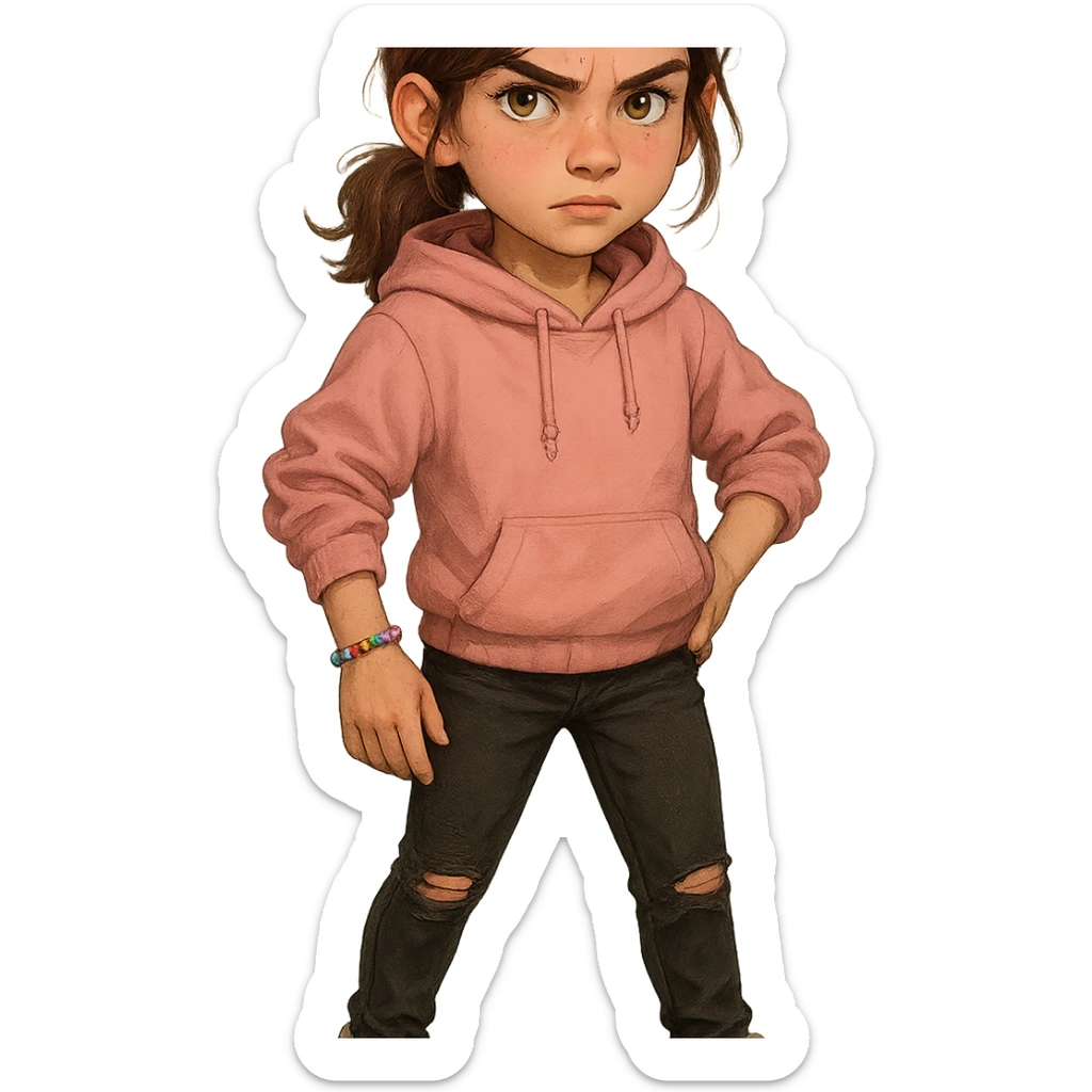 13-year-old girl with shoulder-length chestnut brown hair sometimes in a loose ponytail, hazel eyes with gold flecks, wearing a soft pink hoodie, black ripped jeans, white high-top sneakers, beaded friendship bracelet on wrist, casual cute style, bold curious expression with hint of suspicion, short agile brave presence sticker
