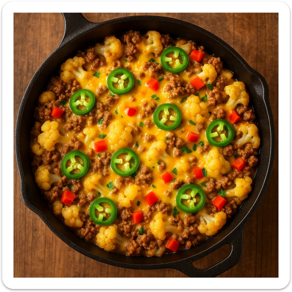 cheesy ground beef and cauliflower casserole with jalapeno and red capsicum in a skillet pan, vibrant, appetizing, top-down view sticker