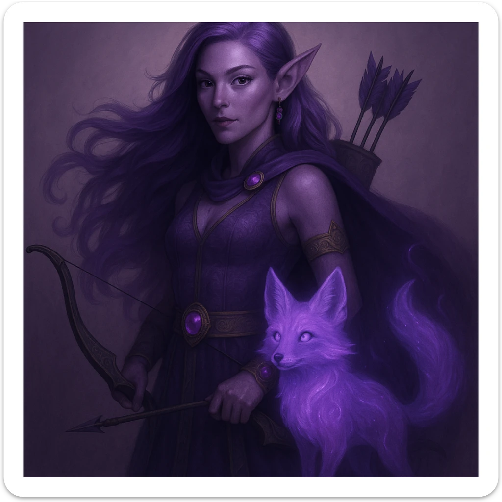 Add a magical pet companion, such as a glowing spirit fox or small dragon, beside the purple fantasy elf archer. Keep the fantasy theme and color harmony in a style consistent with the original image. sticker