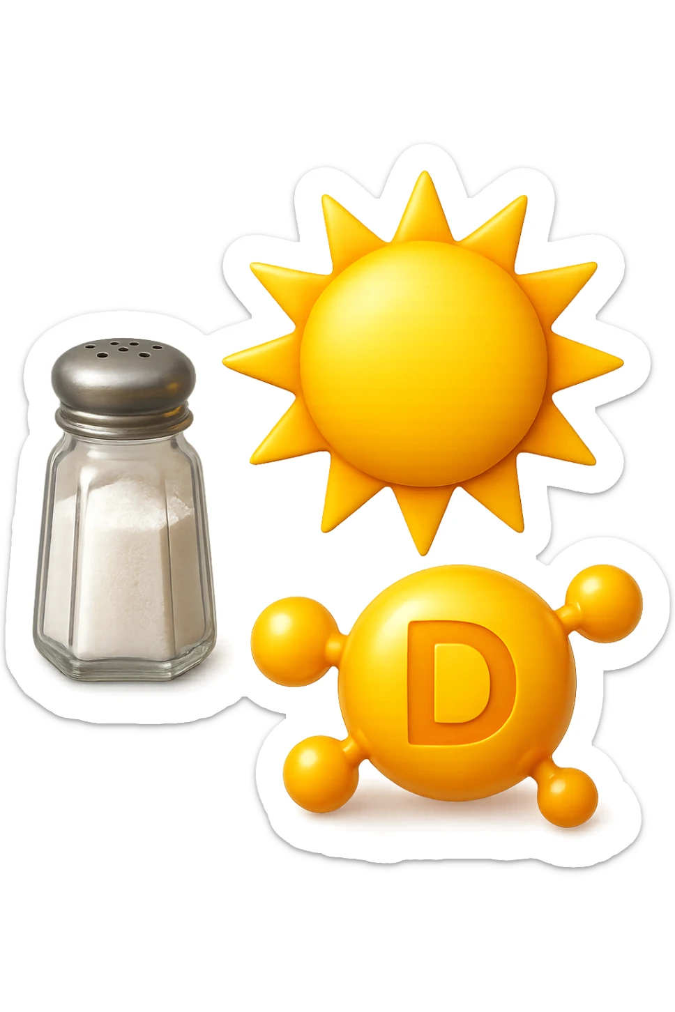 emoji stile iphone di una boccetta di sale, un sole, una particella chimica di VITAMINA D, IPERREALISTICO 4K sticker