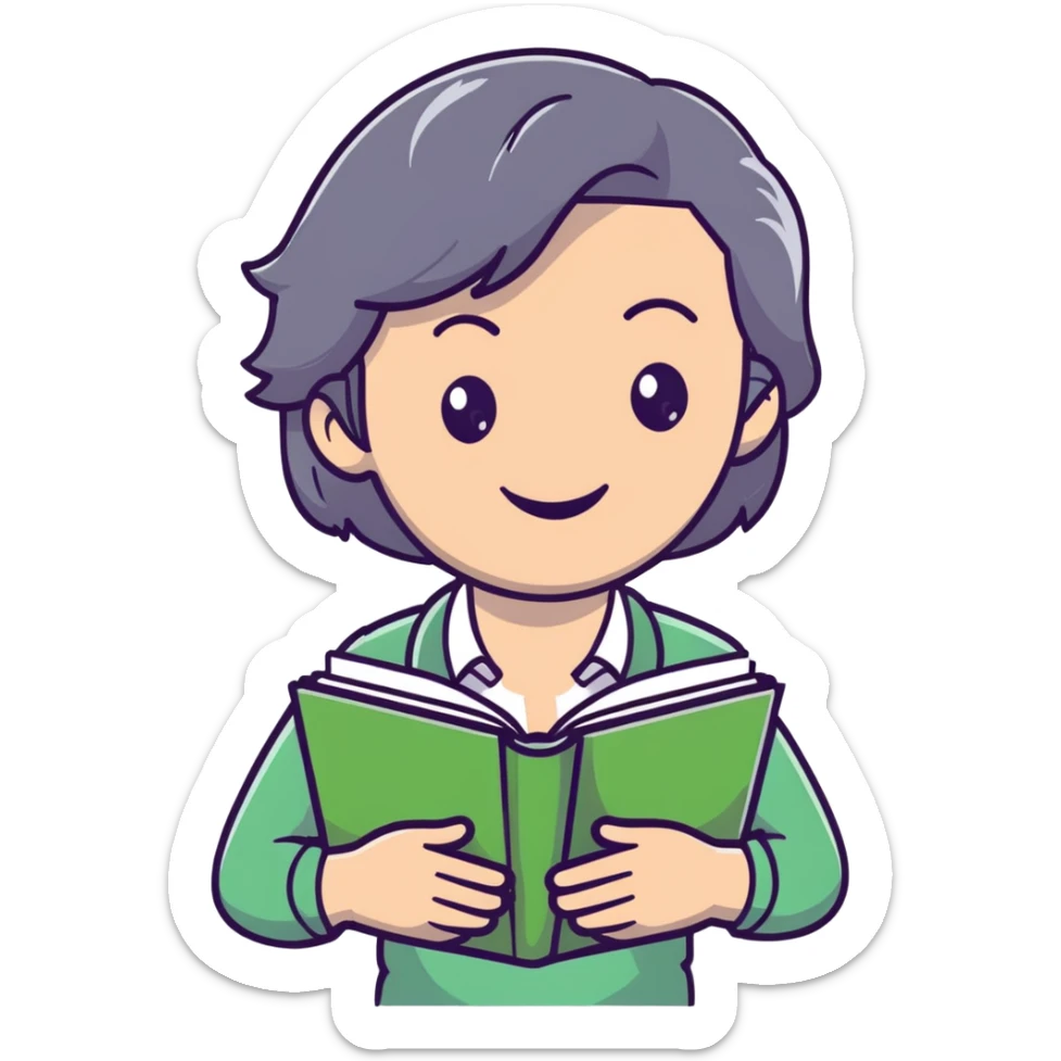 smiling English teacher with airtouch hair and grey-green eyes holding books and teaching materials sticker
