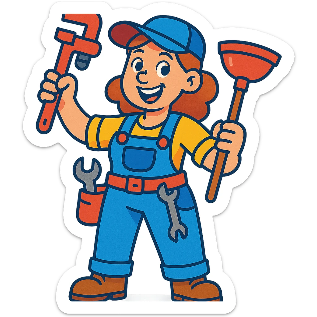 female plumber, cheerful woman plumber with tools, colorful and cartoonish, vibrant toon style sticker