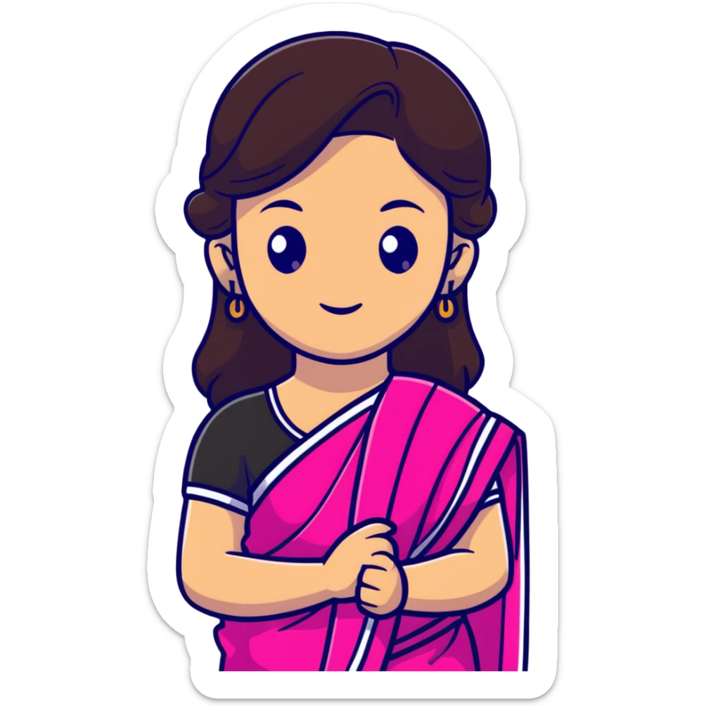 girl with light wheatish skin, dark brown hair, wearing dark pink saree sticker