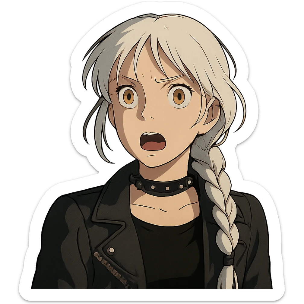 shocked young female with gold yellow eyes, white hair in a long braid, punk gothic style, more dramatic lighting sticker