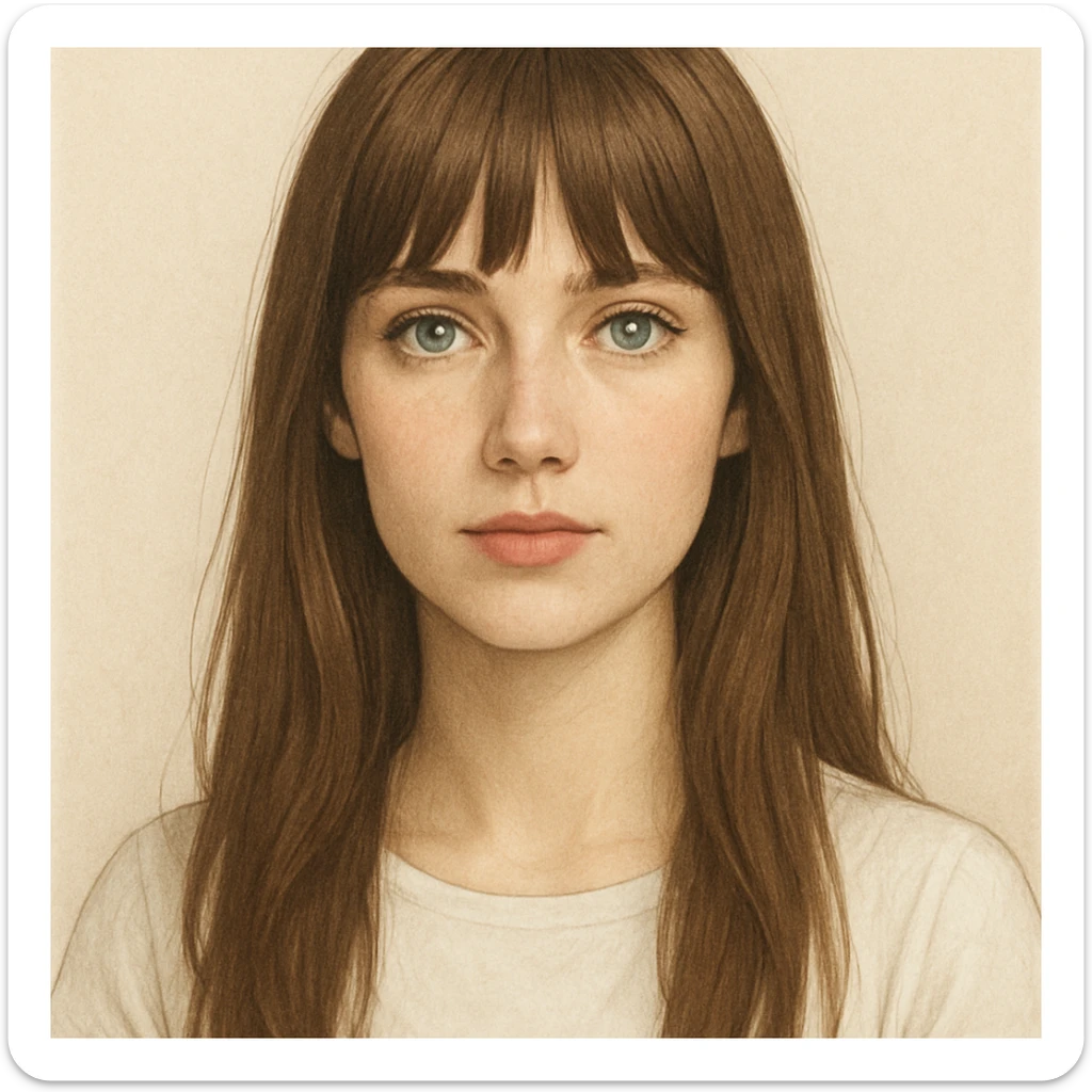 portrait of a white woman with long straight brown hair and bangs, blue-grey eyes, wearing a white top, neutral background, illustration sticker