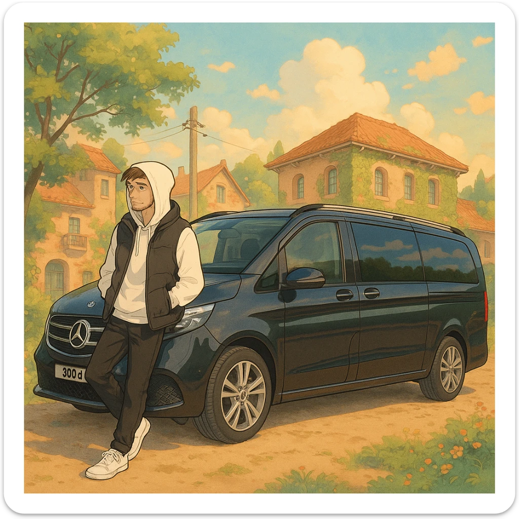 fashionable man with white sneakers, black pants, white hoodie, black vest, hood up, leaning on a black 2024 Mercedes-Benz V-Class Extra Long 300 d, ghibli-inspired style sticker