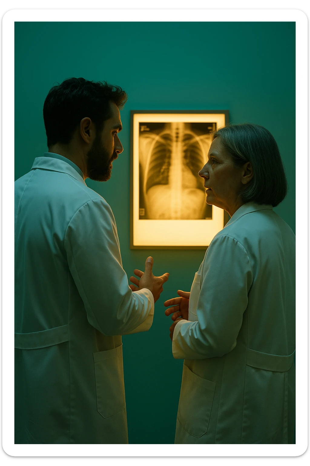Realistic, detailed photo taken from behind of two doctors—a bearded man and a middle-aged woman—standing and facing each other as they discuss a diagnosis in front of a medical chart. The scene is illuminated by a yellowish, orange, warm light that softly envelops the doctors. The entire room is bathed in a single green-blue color, creating a cohesive and modern atmosphere. Both doctors wear white coats, and their body language suggests a serious, professional conversation. Shot with a Canon EOS R5, with high detail and natural depth of field. sticker