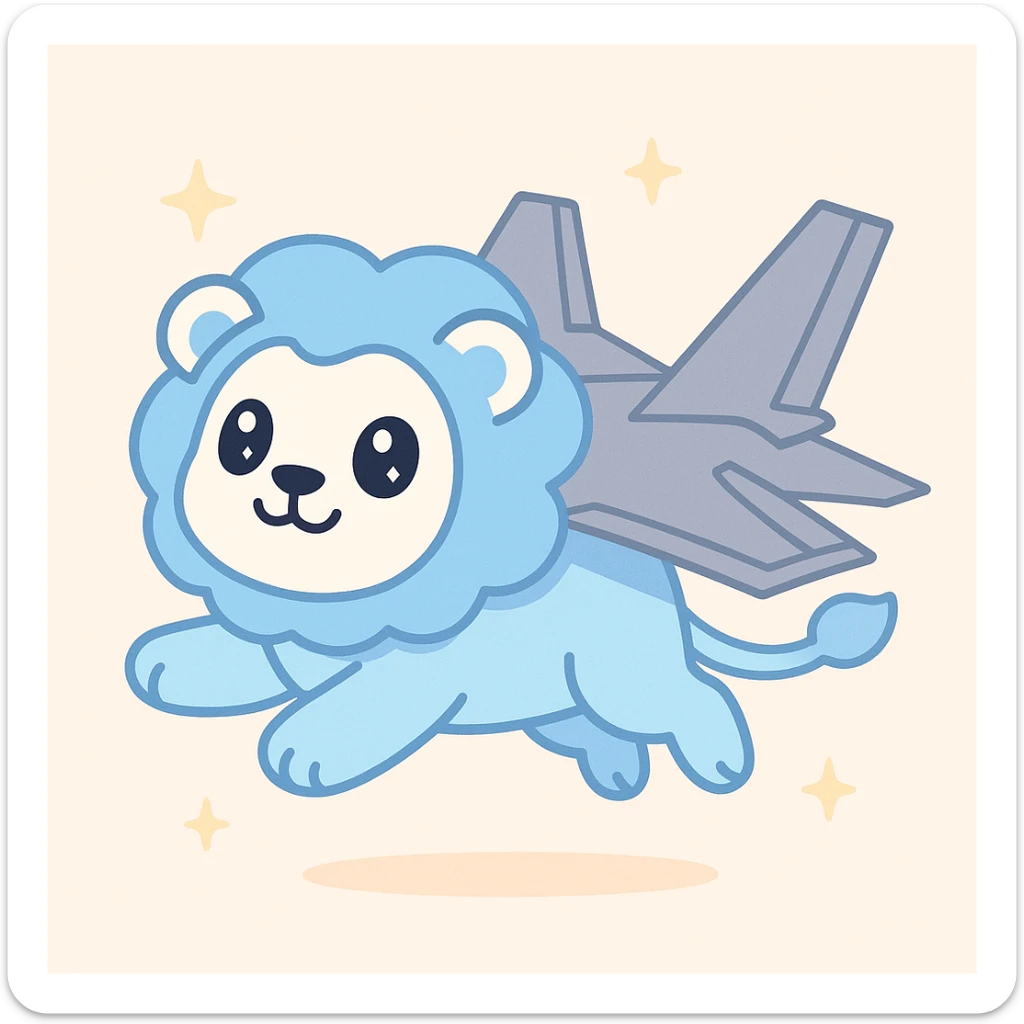 A blue and white lion with F-35 jet wings, flying upward in a pose similar to Nyan Cat, no rainbow, emphasizing the jet wings, playful and energetic style sticker