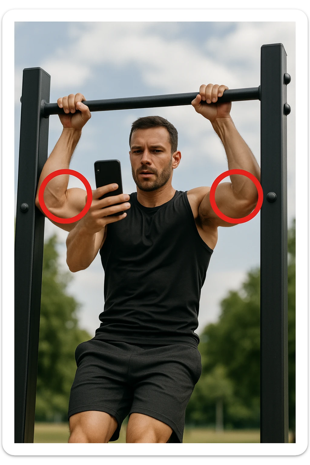 uomo che fa Muscle up e si sta filmando davanti con il telefonino per vedere la sua posizione dei gomiti e delle mani sulla sbarra, fai dei cerchi per indicara i gomiti sticker