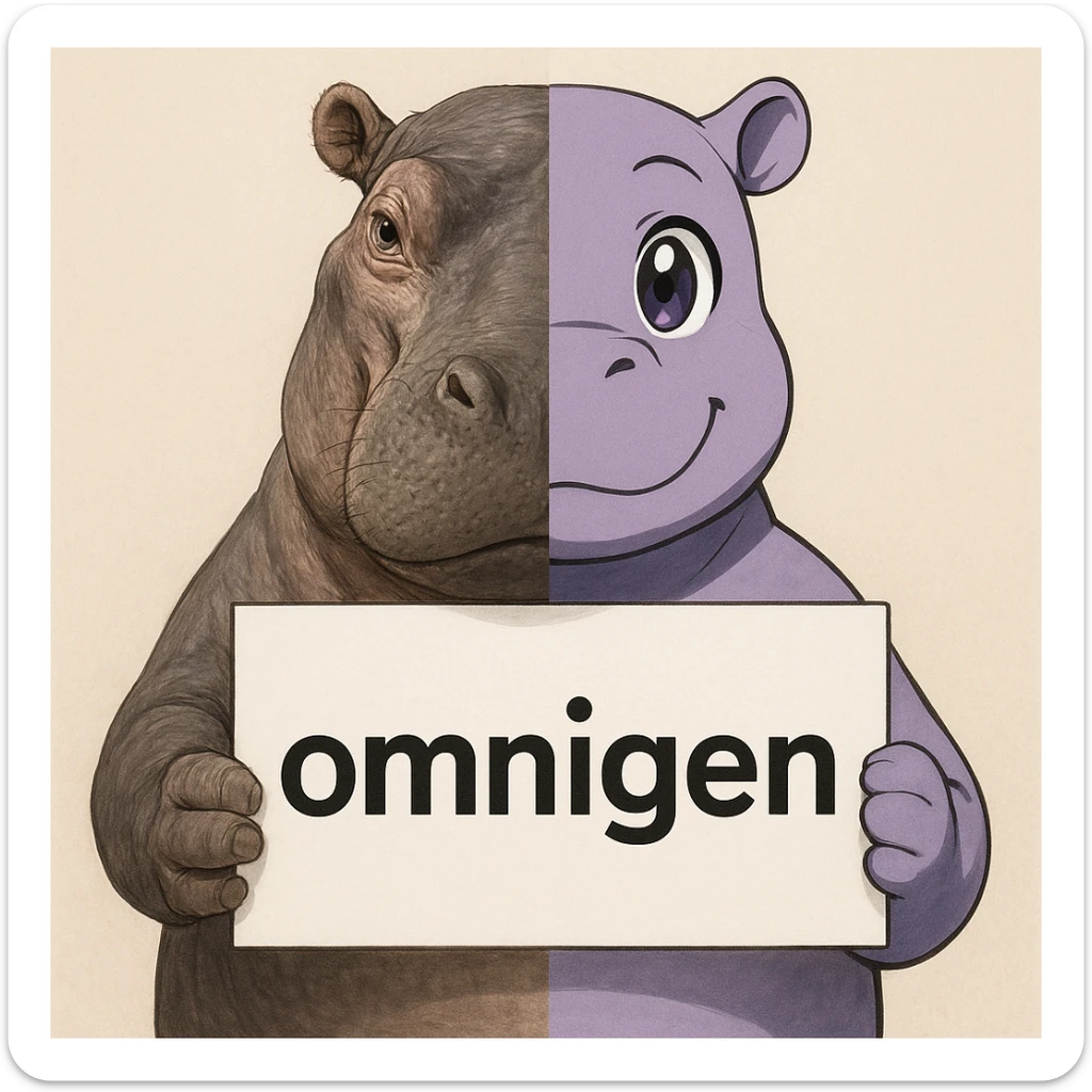 a hippo holding sign of omnigen, half picture hippo is realistic another hald is the anime of that same hippo sticker
