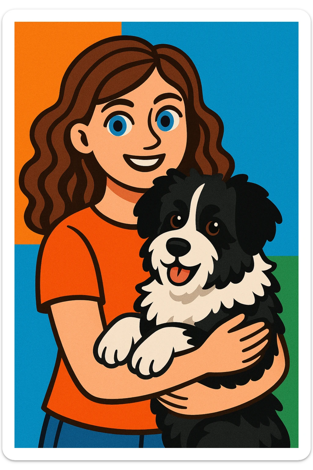 friendly modern illustration of a Baltic white girl with brunette wavy hair and blue eyes, holding her black and white fluffy dog sticker