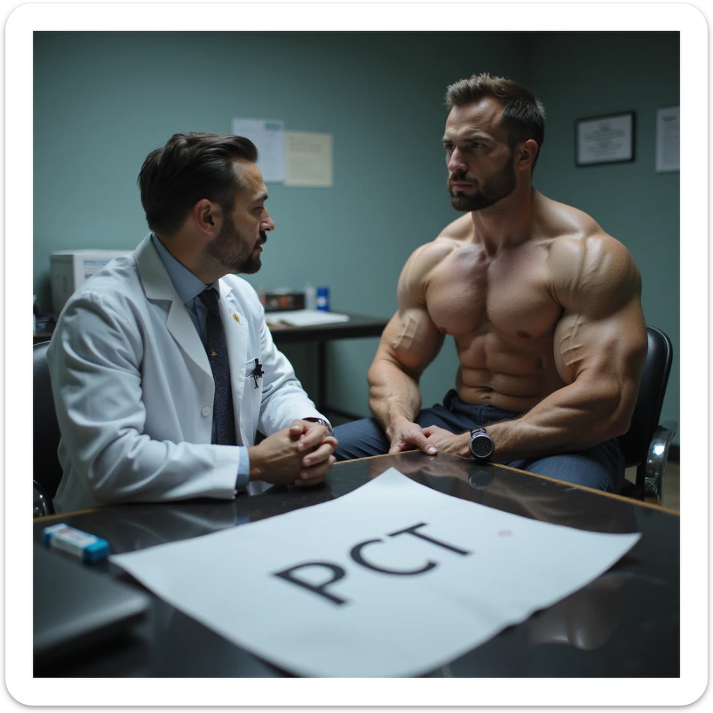 realistic scene of muscular bodybuilder sitting in front of a doctor in white coat in a clinical environment, on the table between them a clear large sheet with the text 'PCT', visible post cycle therapy drugs, professional and serious atmosphere sticker