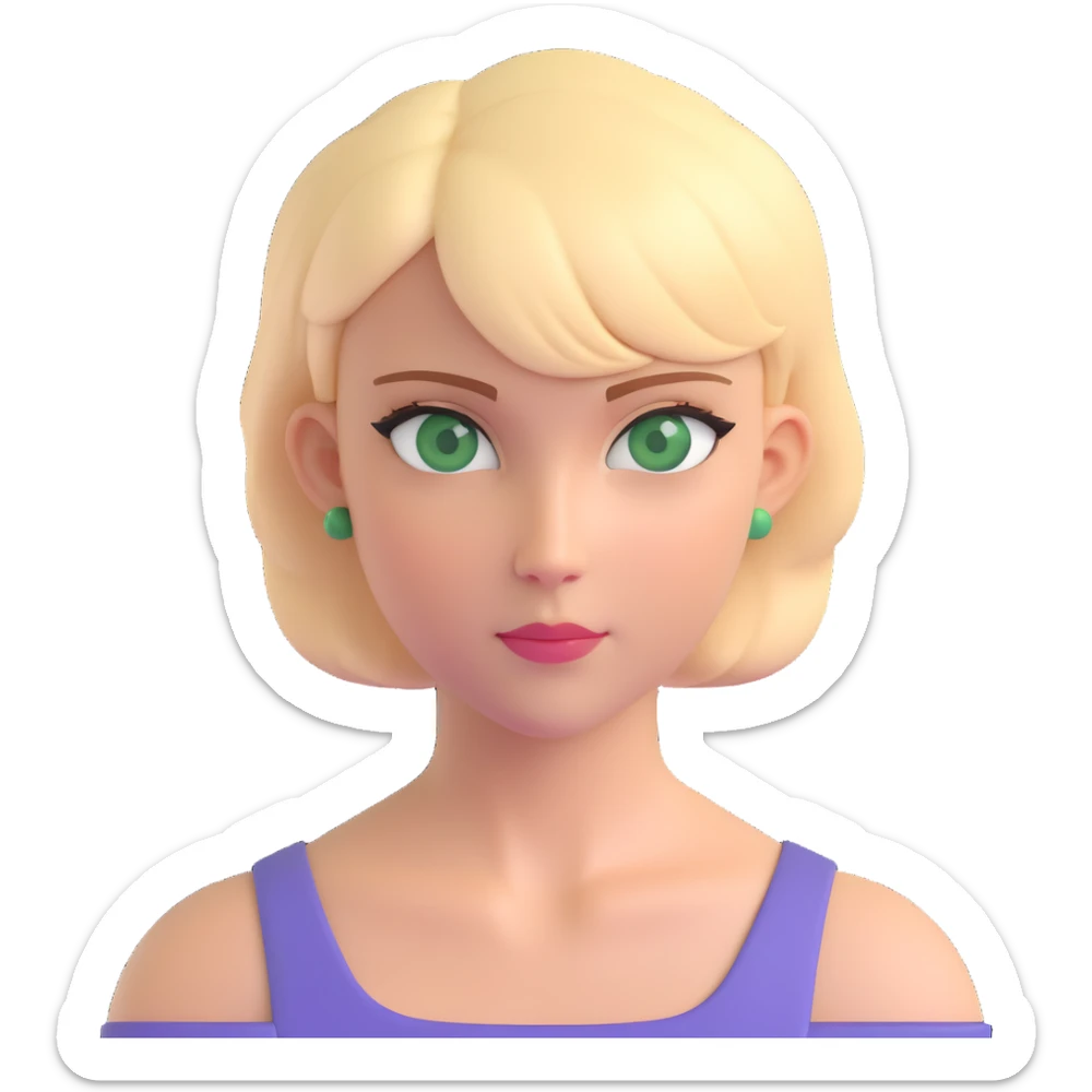 woman with thick blonde short hair and green eyes, neutral expression, upper body portrait sticker