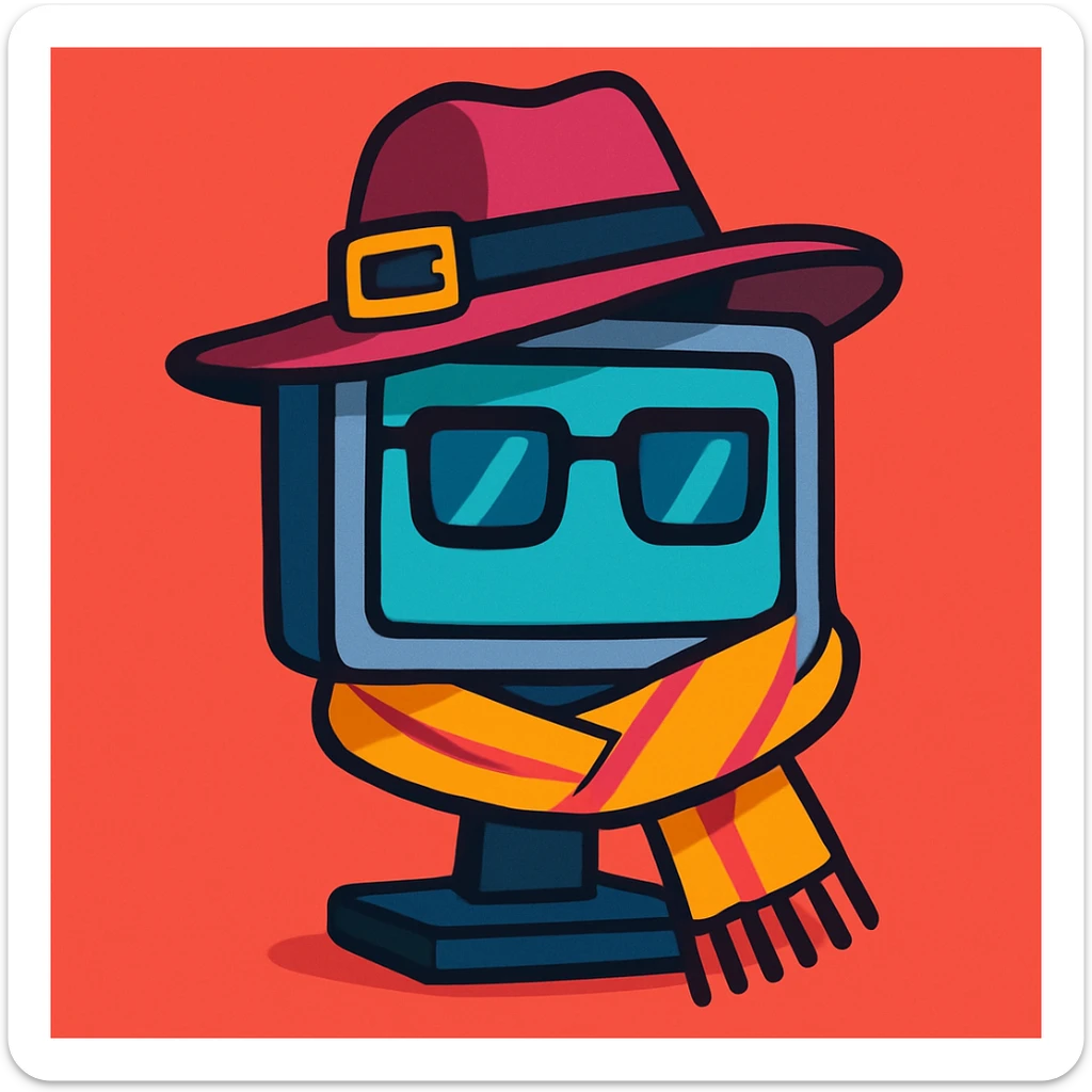 a computer monitor with a chic hat, scarf, fashionable details, dress to impress in your computer sticker