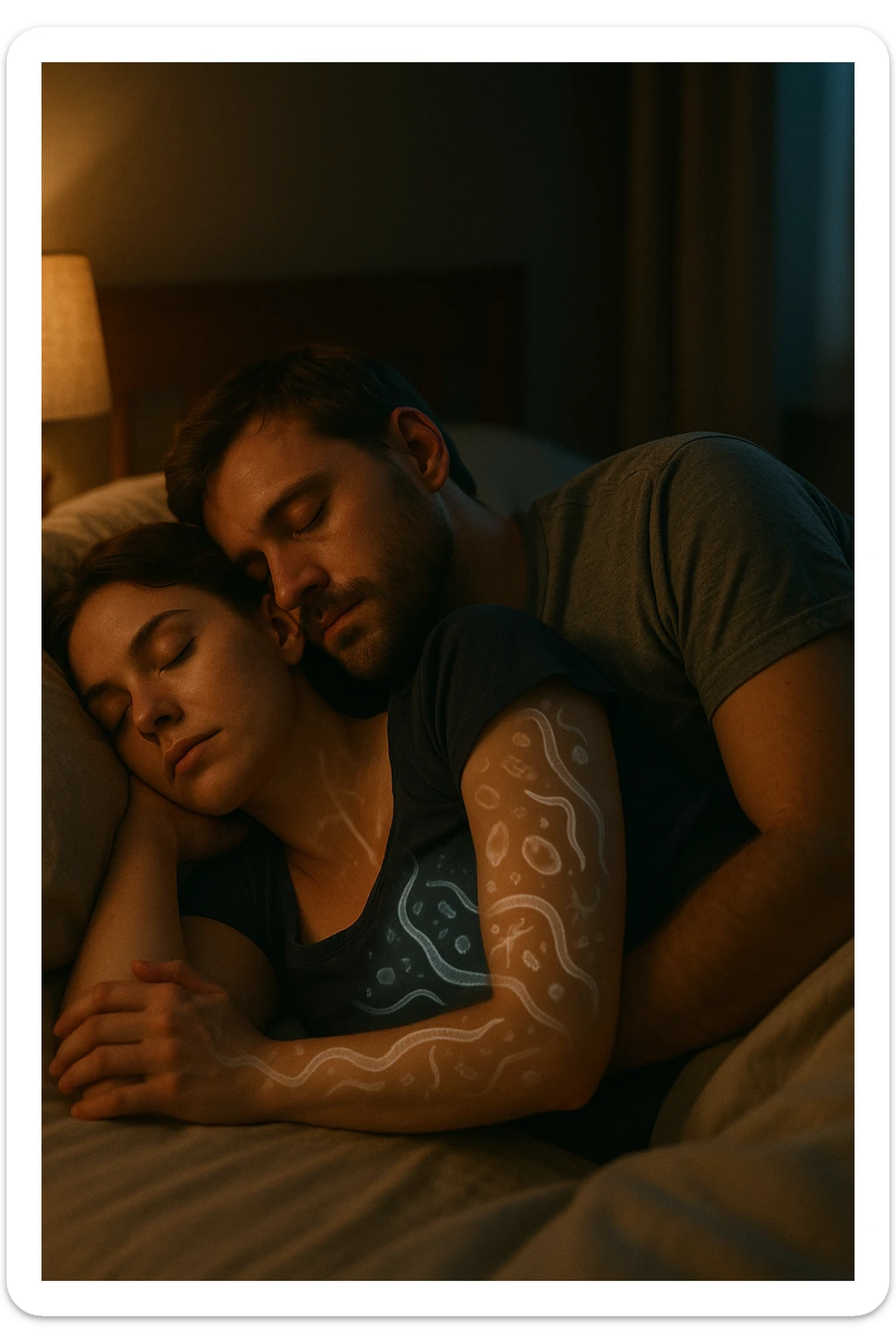 A hyper-realistic, cinematic image of a man and a woman sleeping together in the same bed under soft, dim night lighting, with their bodies close and touching. Their skin appears slightly illuminated where it touches, and under a subtle x-ray style overlay, faint ghostly silhouettes of microscopic parasites and worm-like organisms are visible crawling transdermally between their bodies, symbolizing silent, unnoticed parasite transmission during sleep. The environment is a cozy bedroom with warm tones, but the presence of the glowing parasites creates a slightly unsettling feeling, emphasizing the hidden danger. Their faces are calm, unaware, symbolizing the unconscious nature of the transmission. The image is detailed with a 35mm film hyperrealistic aesthetic, focusing sharply on the point of contact between their skin where the parasites pass, while the background remains softly blurred. The color palette uses muted warm browns and soft moonlight blues to maintain a nighttime, intimate feeling, contrasting with the translucent, glowing parasites to illustrate the hidden risk of transdermal parasite transmission while sharing a bed sticker