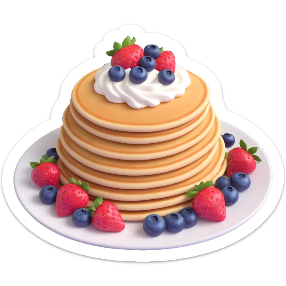 plate of pink pancakes with strawberries, blueberries, and whipped cream, shiny and smooth, detailed and vibrant sticker