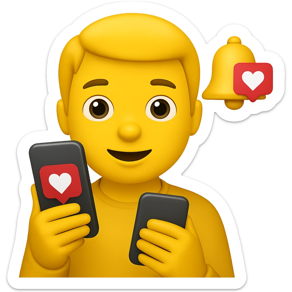 Add a notification bell with a heart to the classic yellow emoji, keeping the background transparent. The emoji should be holding a smartphone with social media notifications, maintaining the classic yellow emoji style. sticker