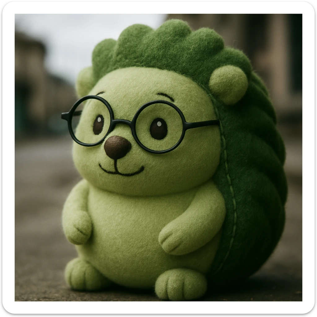 Add glasses to the green hedgehog, soft and cute style, in Plush Portrait style, with glasses. sticker