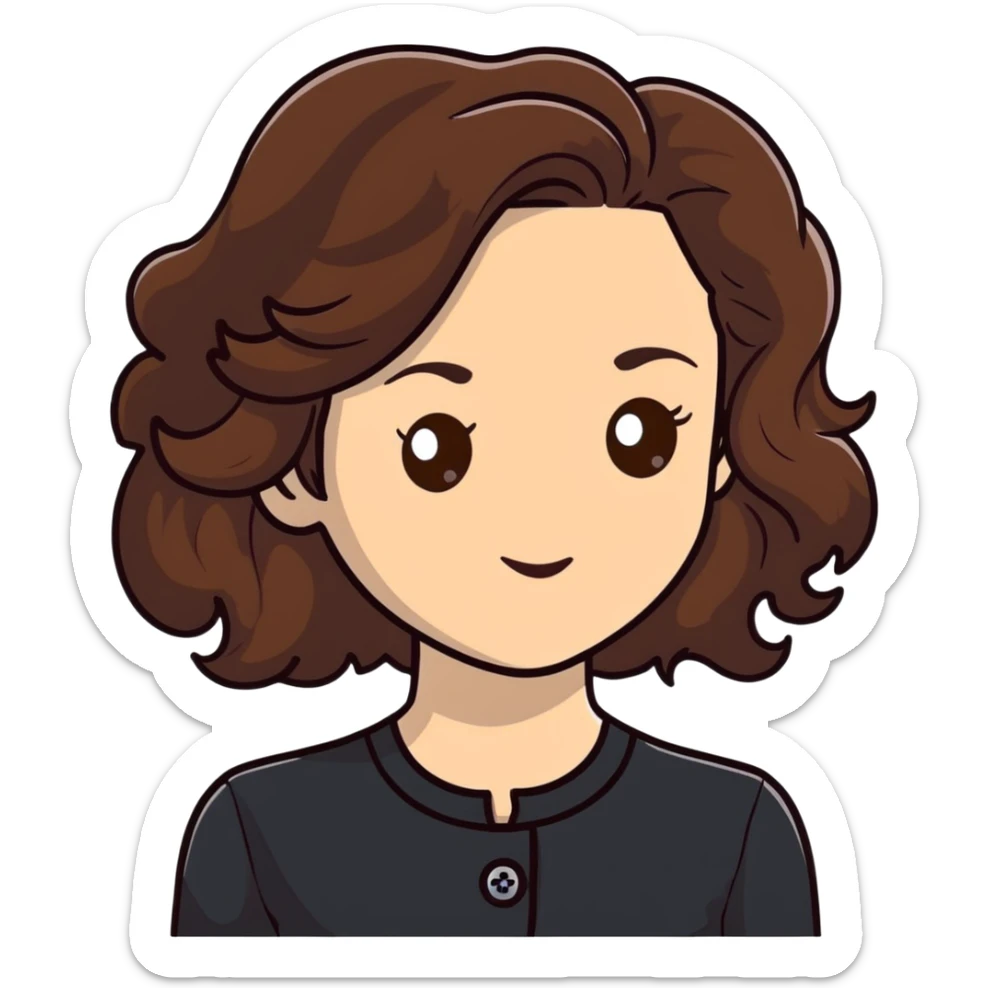 27 year old Caucasian woman with fair skin, brown eyes, long wavy dark brown hair, wearing a black top with a button sticker