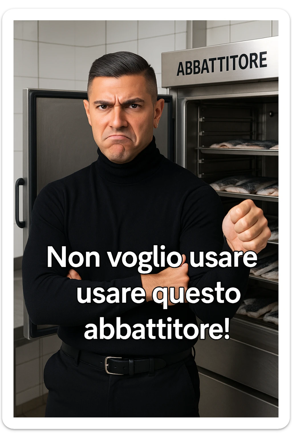 a man stands in front of a commercial fish blast freezer (abbattitore), arms crossed and a displeased, skeptical expression on his face. He shakes his head or gives a thumbs down, clearly rejecting the use of the freezer. The background shows a professional kitchen or fish processing area, with trays of fish ready for freezing. in italiano sticker