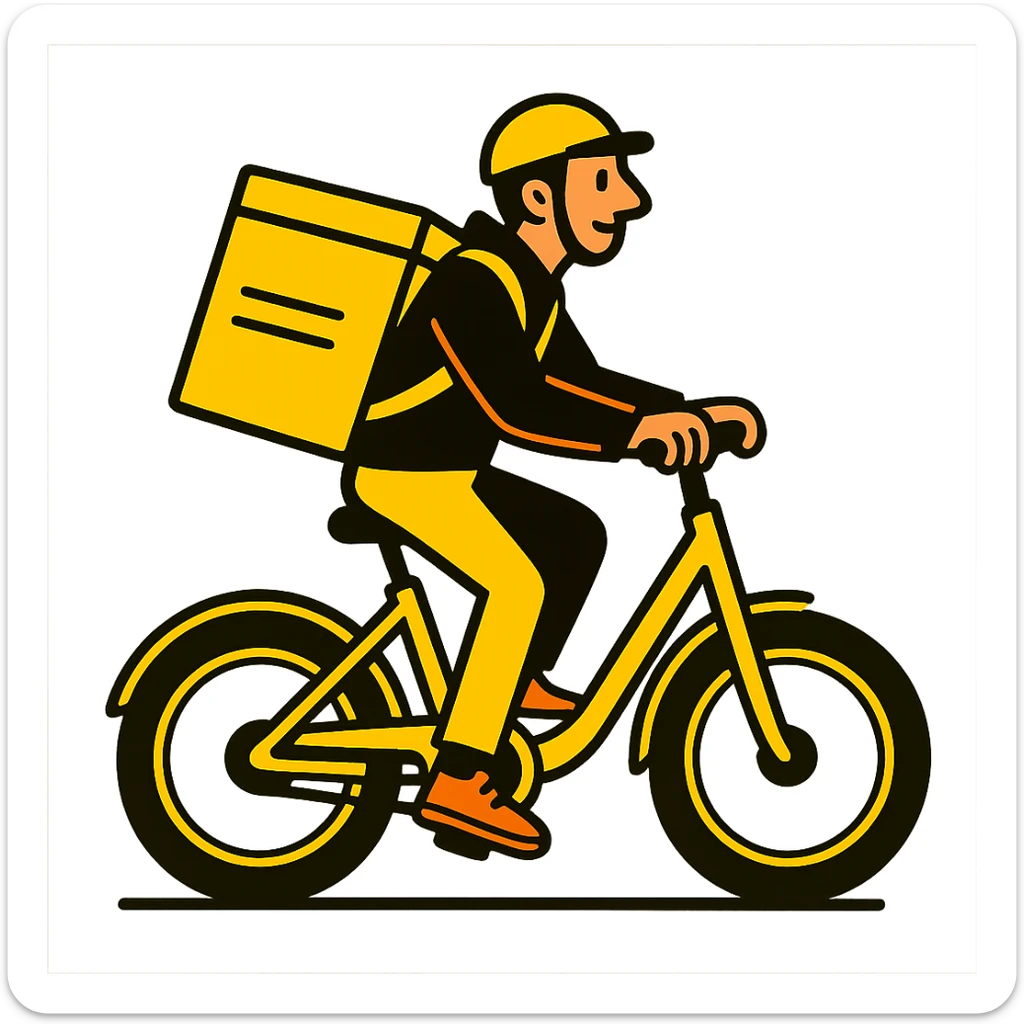 A courier on a yellow electric bike, wearing yellow and black clothes rides from left to right. On his back is a yellow food delivery bag. sticker