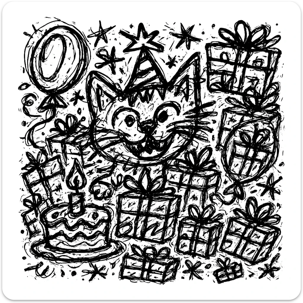 Add more gifts around the kitten, keeping the chaotic outlined style and all original elements intact sticker