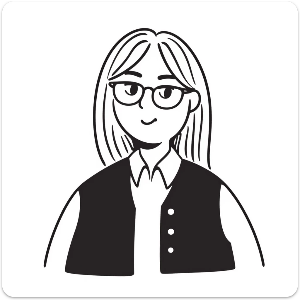 Hand-drawn plus size blonde person wearing glasses and a button-up vest sticker