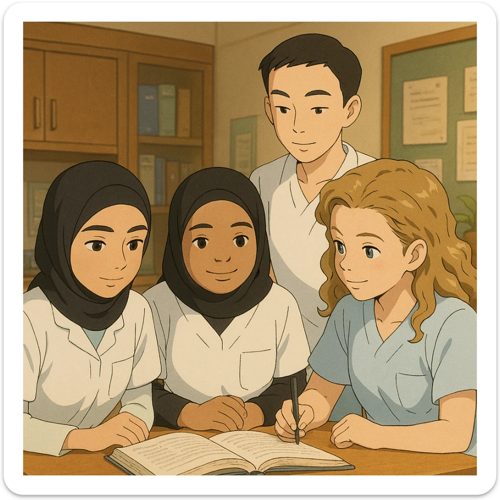 Quatre étudiants infirmiers en interaction, style Ghibli, en intérieur, tenues blanches à manches courtes, col en V, poche poitrine gauche, sans col ni stéthoscopes, pas de tissus sous les manches. Ambiance studieuse et bienveillante, détails inspirés des références. sticker