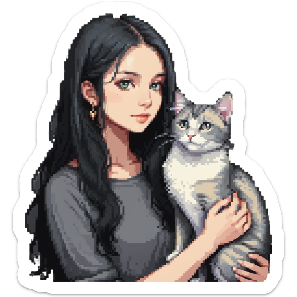 Beautiful girl with long black hair petting a gray and blonde mixed cat sticker