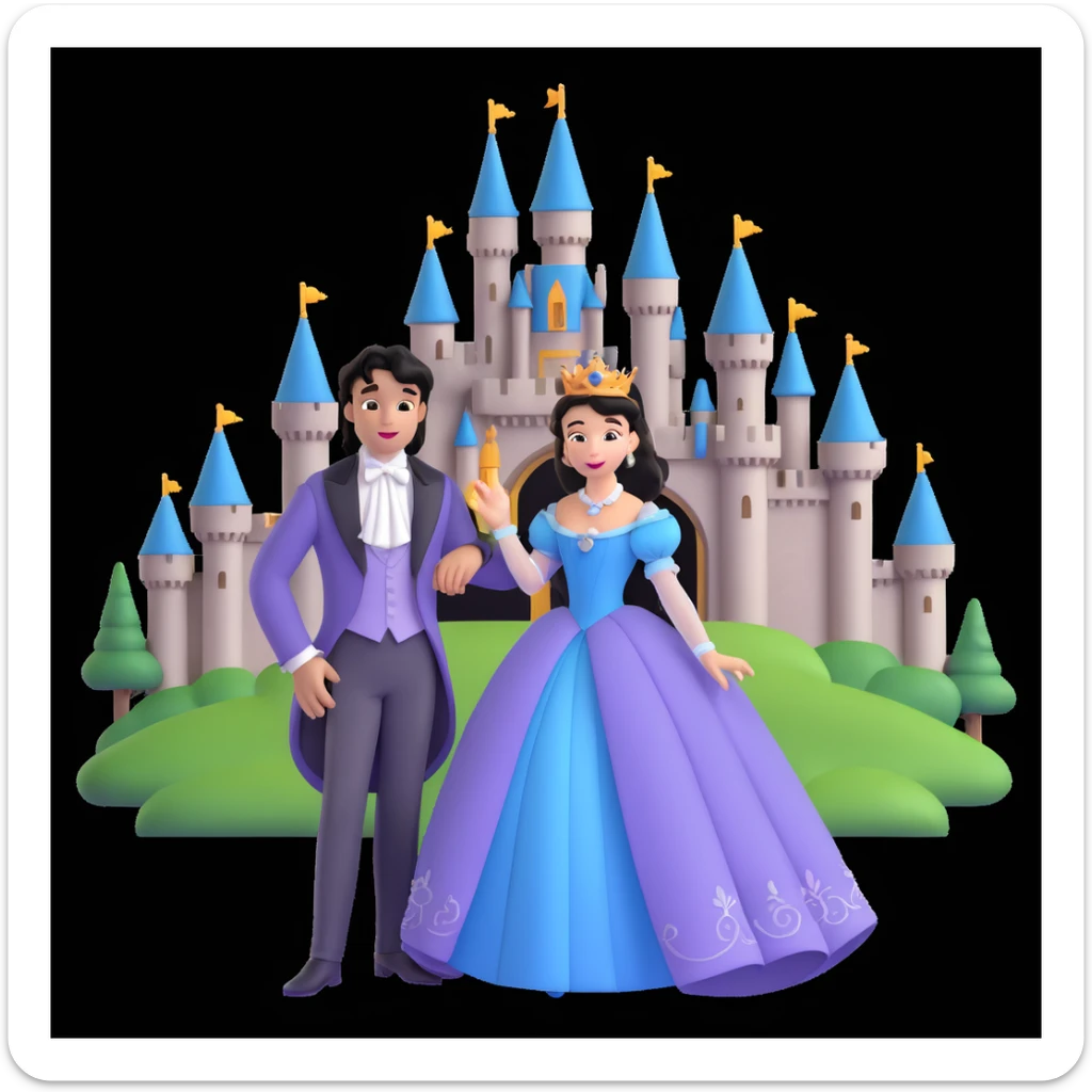 prince and princess Disney dress close up photo in castle background sticker