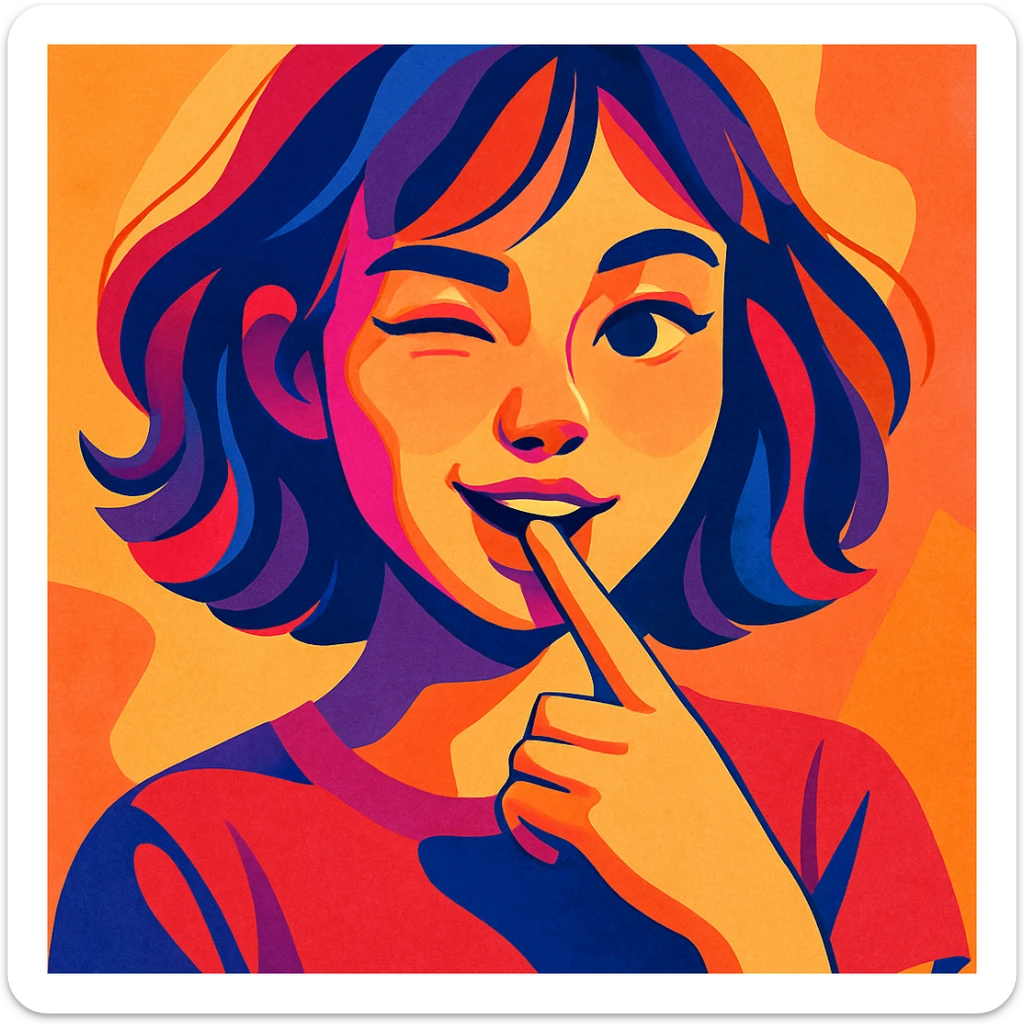 modern illustration of a girl with a finger in her mouth, playful expression, vibrant colors sticker
