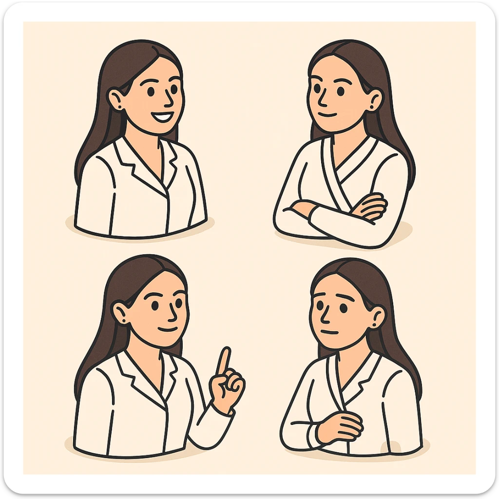 Edit the image of a female doctor with dark long straight hair and brown eyes, smiling, wearing a white medical coat. Create multiple variations with different poses and facial expressions in 2D isometric style with a minimalist background. sticker