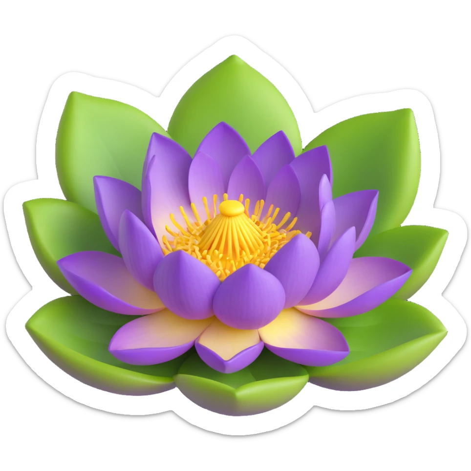 Realistic purple lotus flower with detailed petals, yellow stamens, and green lotus pad sticker