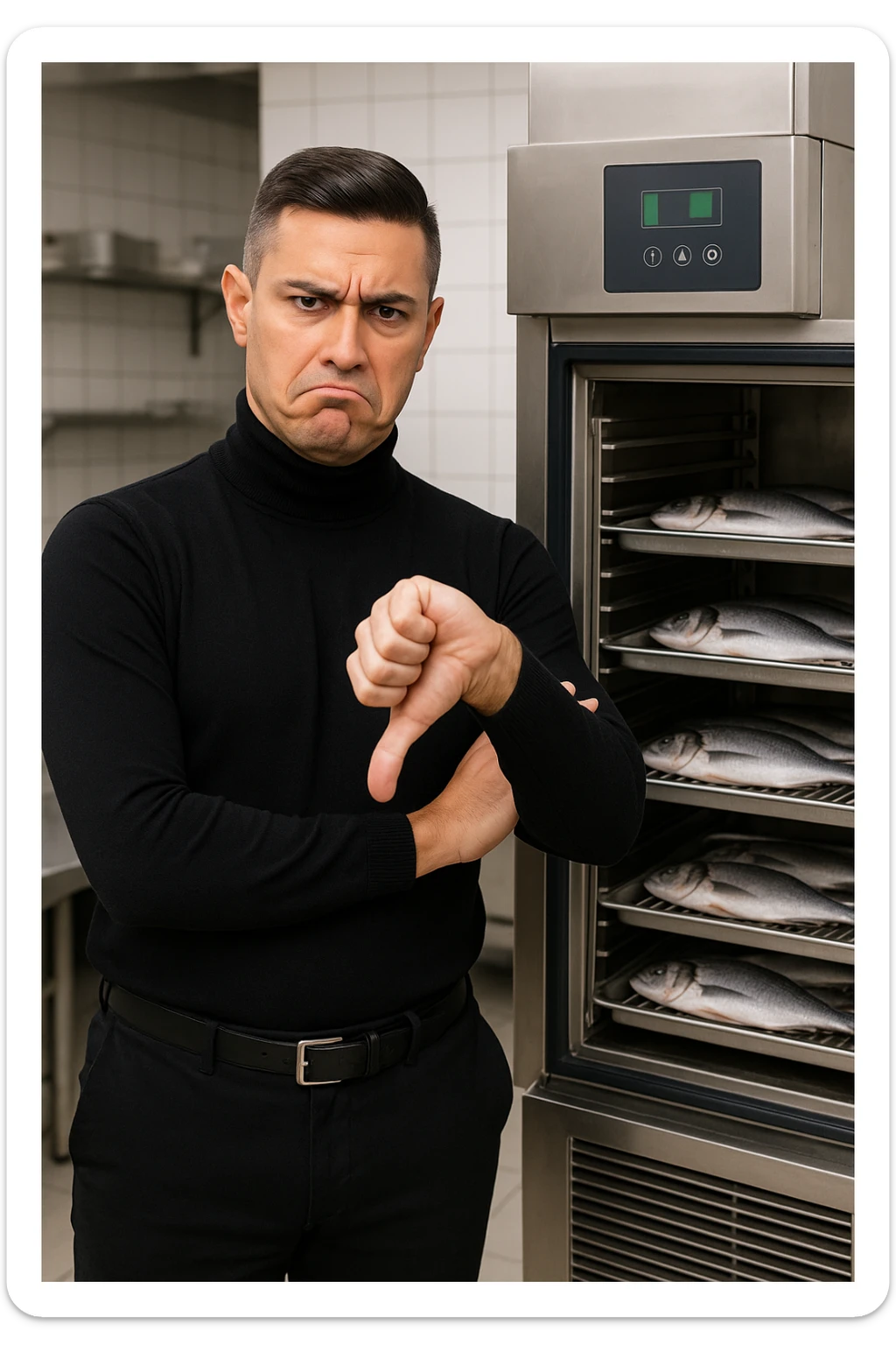 a man stands in front of a commercial fish blast freezer (abbattitore), arms crossed and a displeased, skeptical expression on his face. He shakes his head or gives a thumbs down, clearly rejecting the use of the freezer. The background shows a professional kitchen or fish processing area, with trays of fish ready for freezing. in italiano sticker