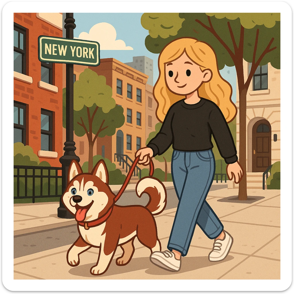 Cute Blonde woman wearing a black sweater and jeans and white sneakers walking a happy red-brown blue-eyed Siberian husky in New York City on an upper east side city sidewalk, flat toon style  sticker