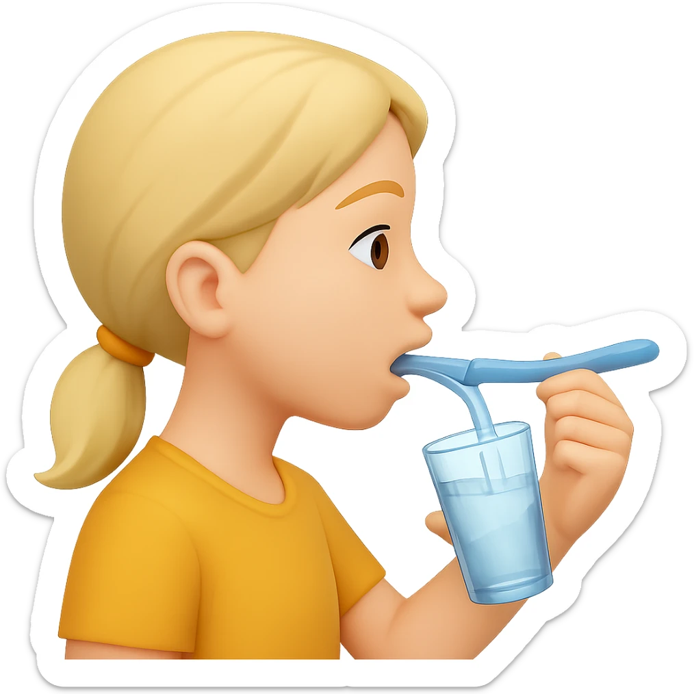 Add a toothbrush to the person rinsing mouth with water, side view, in the style of emoji. Keep the emoji style and no background. sticker