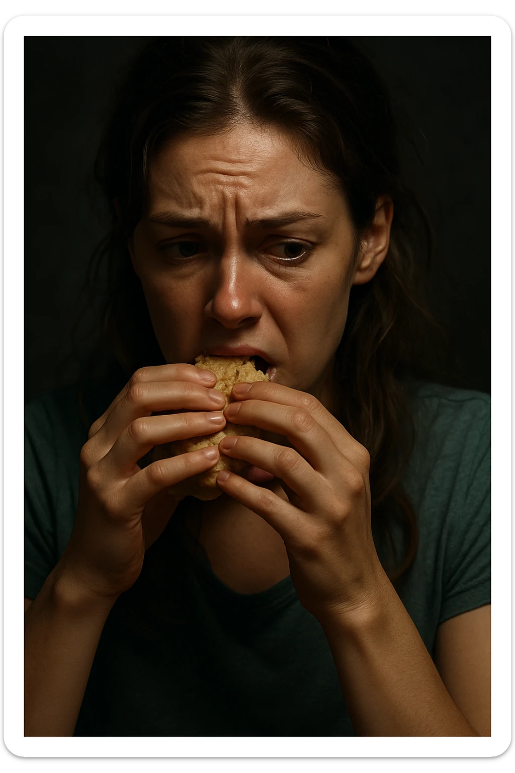 realistic and cinematic image of a woman with nervous hunger due to menstrual cycle, realistic details, clinical dramatic lighting, no text, vertical 2:3 format sticker