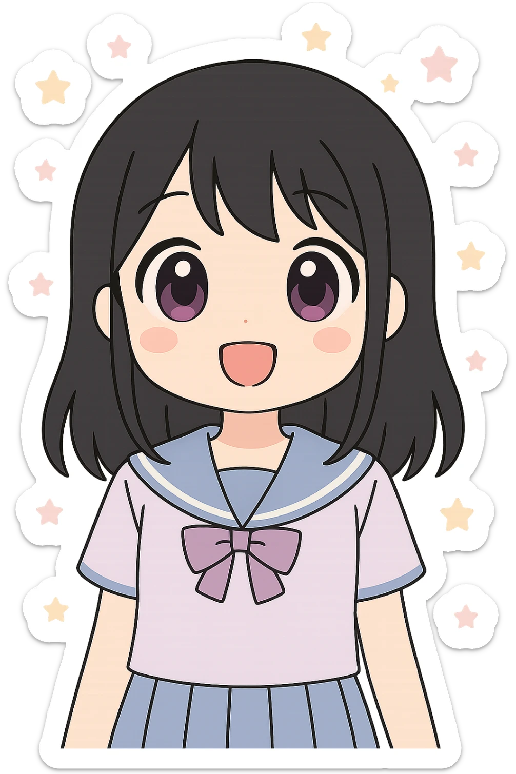 Change hair color to black, keep anime girl with purple eyes, kawaii style, big eyes, soft shading, no background. sticker