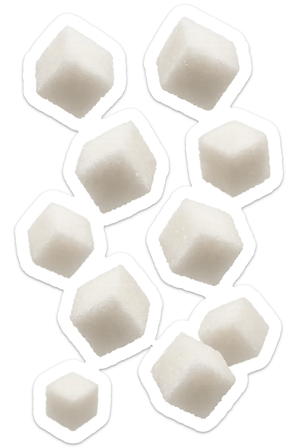 zollette di zucchero fluttuano in aria, iperrealistica 4k, isolato su sfondo bianco sticker