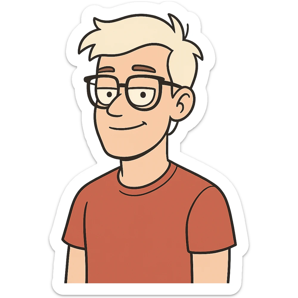 22-year-old white man with fair skin, white hair, and black glasses sticker
