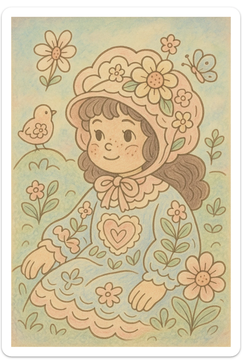 character inspired by coloring book drawings, in the style of Bobbie Goods and Cuzy, ghibli style sticker