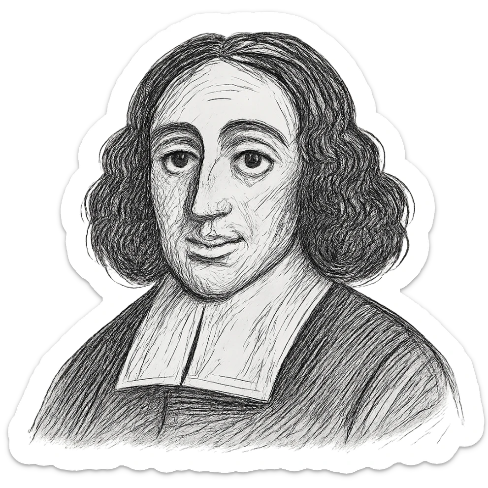 Enhance the Spinoza black outline icon with much more detailed, rich hand-drawn linework and texture to resemble a true drawing rather than a simple icon. Keep the pupils even, long curly hair, and 17th-century collar intact. Maintain transparent background. sticker