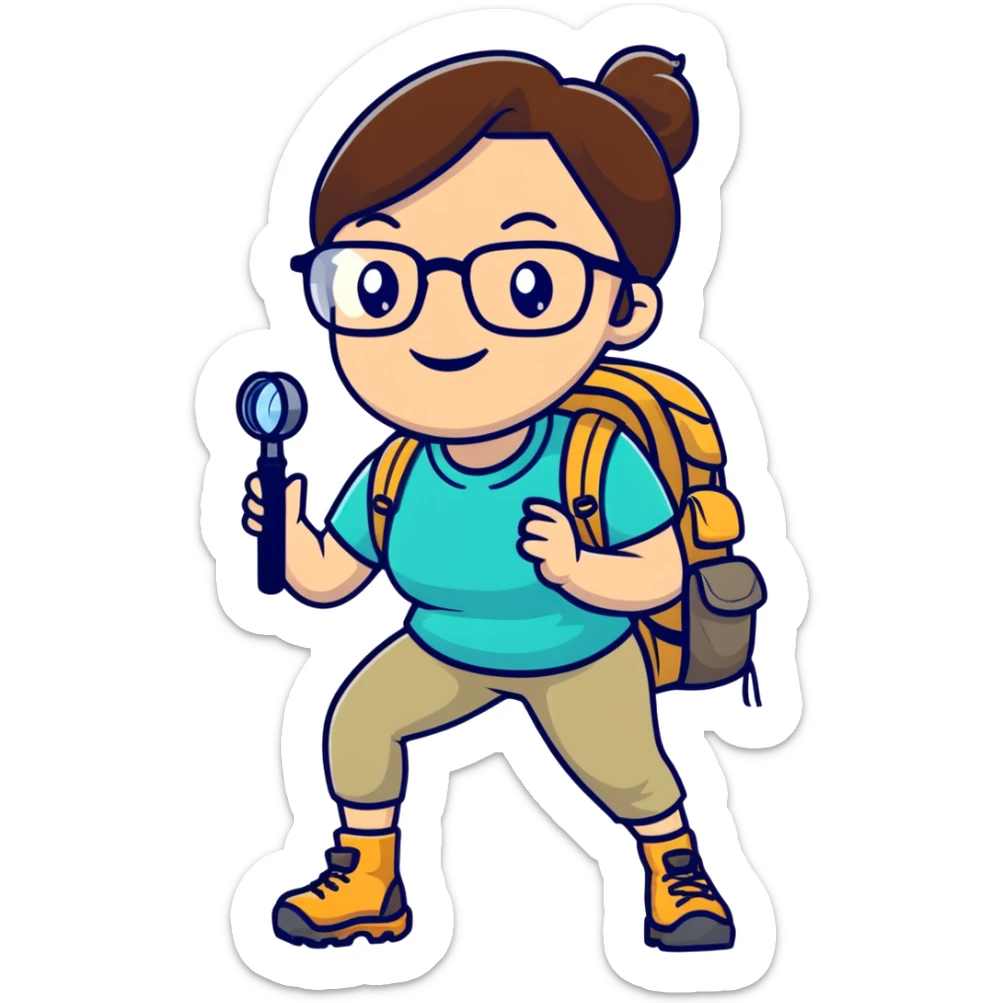 Very cheerful excited woman in her 40s with glasses wearing sporty outfit, hiking boots, and backpack, holding a magnifying glass with big smile sticker