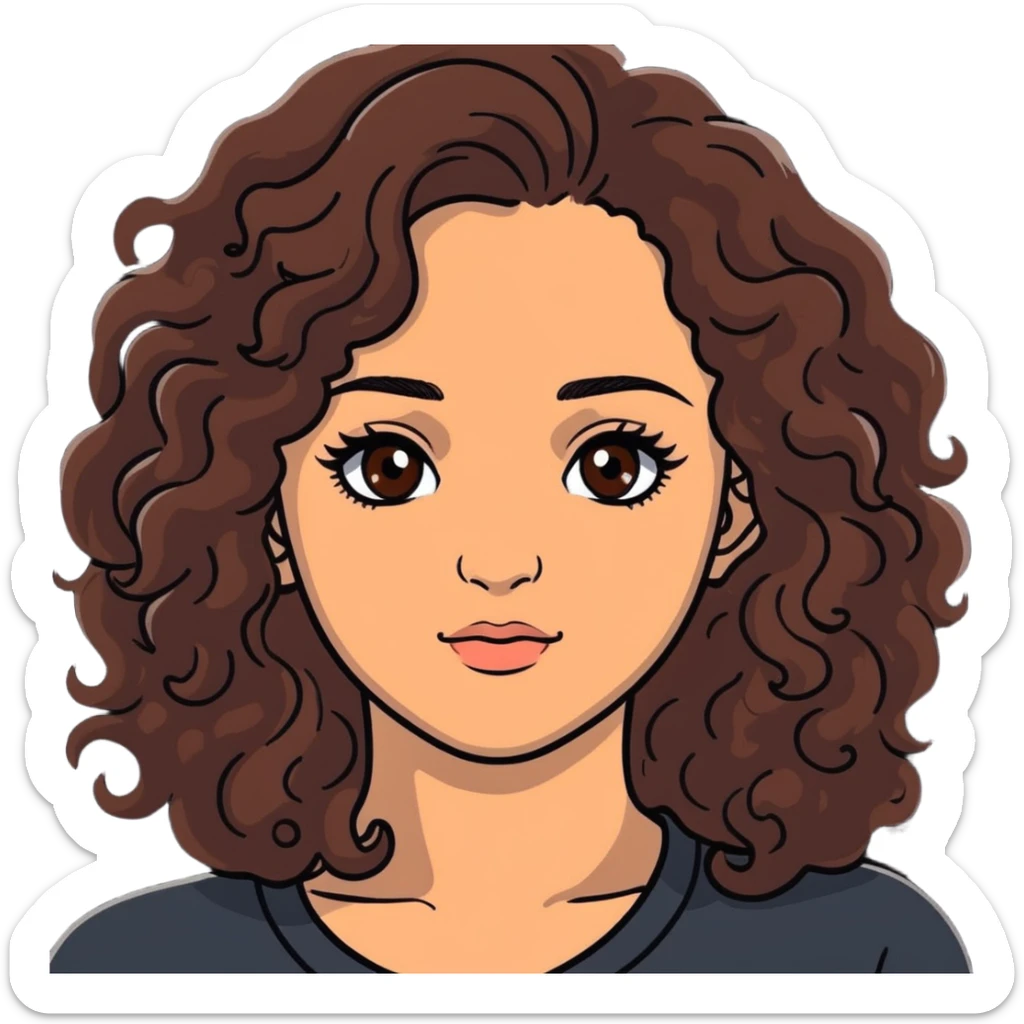 20-year-old woman with long curly brown hair, small hazel eyes, long eyelashes sticker