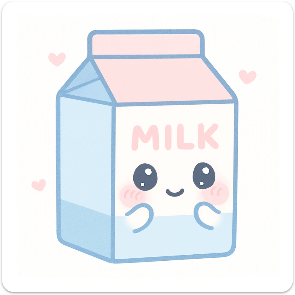 kawaii style milk carton with a shy face, tiny arms, and soft blue and pink colors sticker
