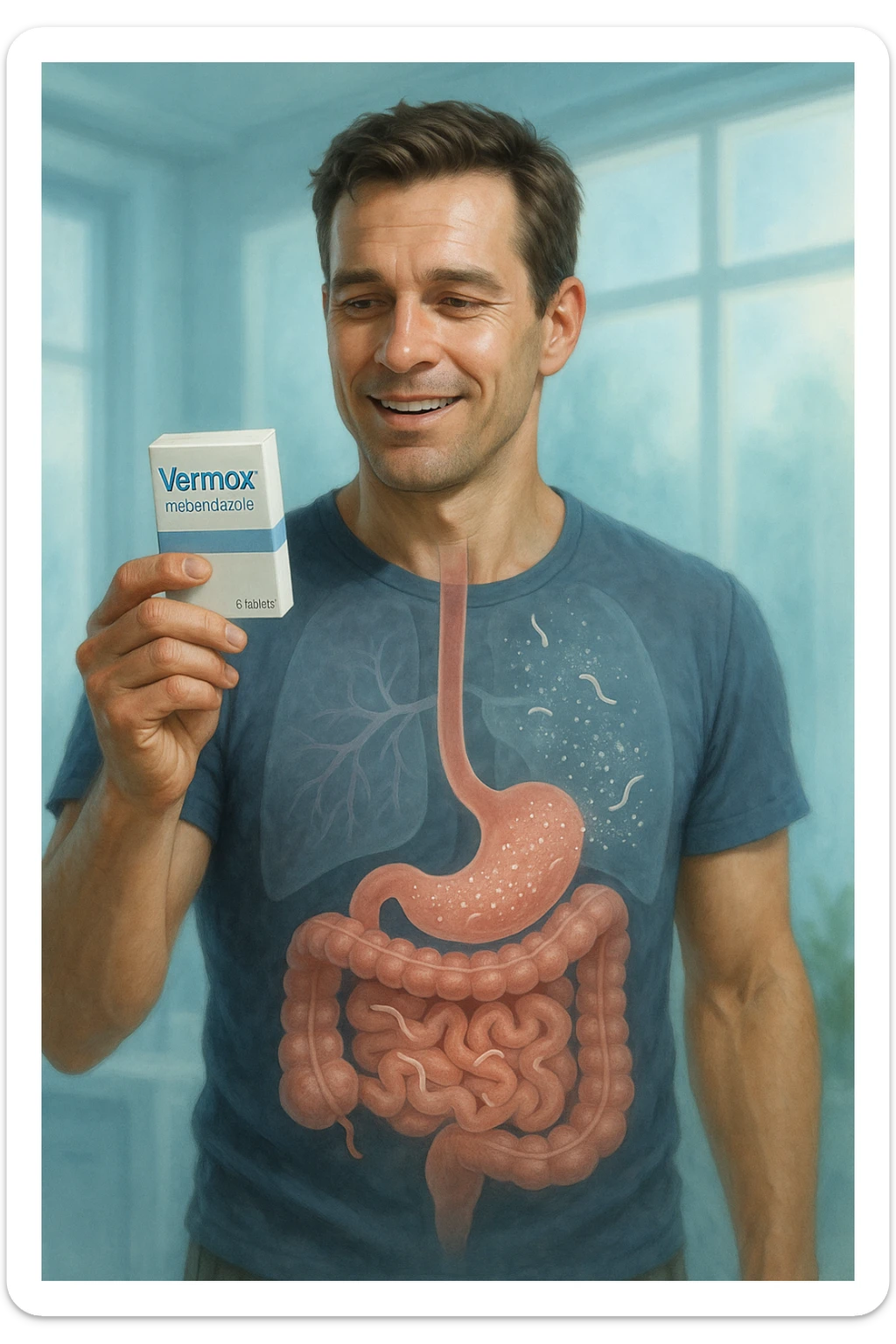 A realistic, cinematic illustration of a man in his late 30s holding a small white box of ‘Vermox’ (mebendazole) in one hand, with a relieved and hopeful expression on his face. Behind him, a semi-transparent overlay shows his digestive tract where small, symbolic worm-like parasites are dissolving and disappearing, indicating the medication’s effect. The environment is clean and bright, with a medical yet hopeful tone, conveying the concept of effective parasite removal. Subtle blue and green tones symbolize cleansing and health restoration, while the man appears energized and ready to reclaim his well-being sticker
