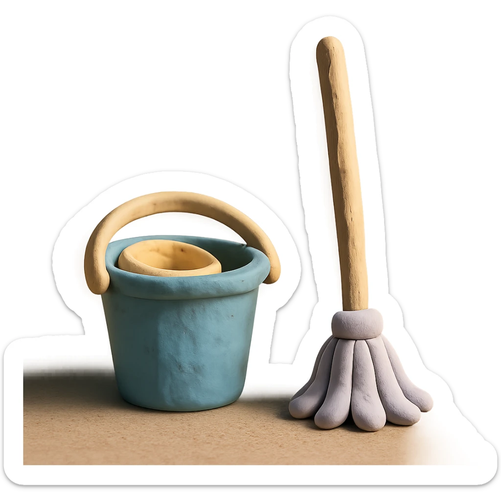 bucket and mop in claymation style, pastel colors, visible fingerprints, soft matte finish sticker