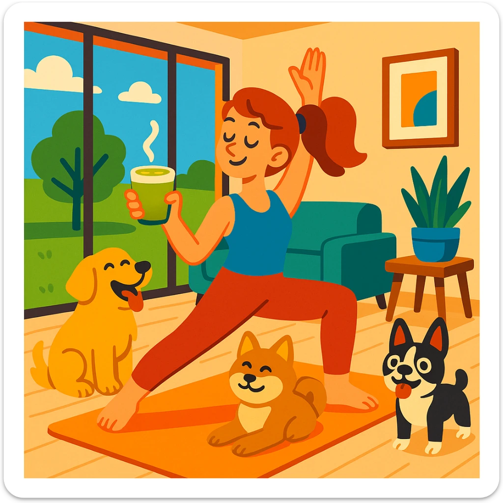woman doing yoga in a modern house with a grassy yard, matcha latte in hand, dogs happily surrounding her sticker