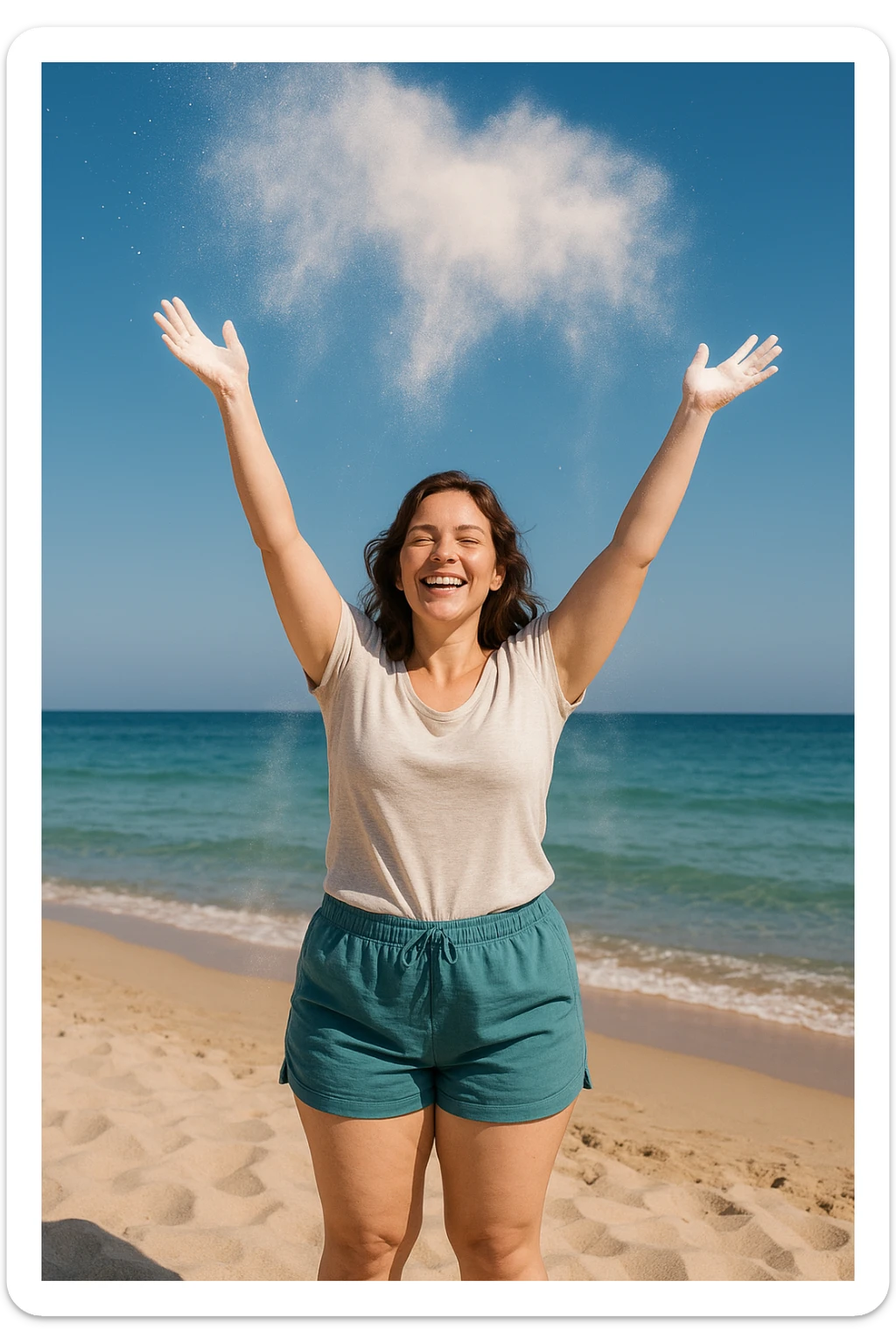 Donna in spiaggia che butta il borotalco italiano, la donna è intorno ai 66kg sticker