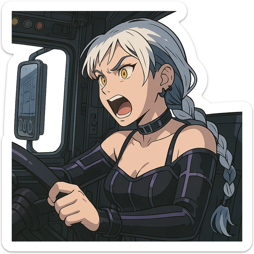 she is driving a 16 wheel truck inside the cab, yelling, turning the weel sharply, a closeup portrait of young woman with gold yellow eyes, white hair, long braid, black off-shoulder top d-cup, punk gothic style, futuristic cyberwave cyberpunk, sticker
